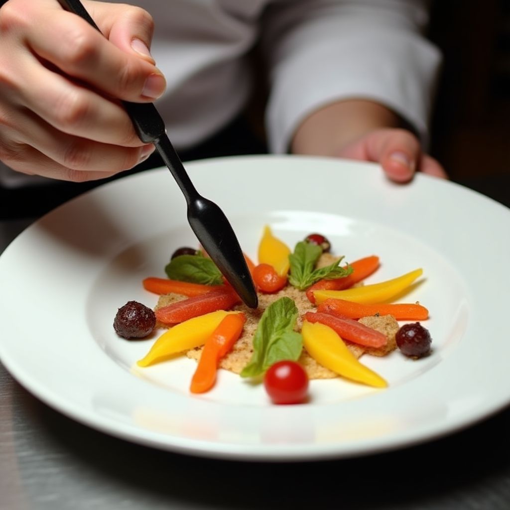 Chef experimenting with colorful food combinations