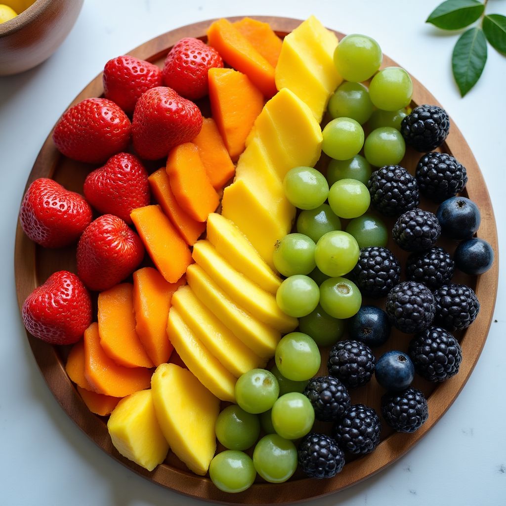 Vibrant fruit platter arranged in rainbow colors