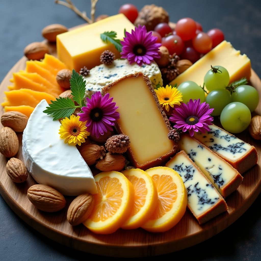 Colorful cheese and accompaniments board