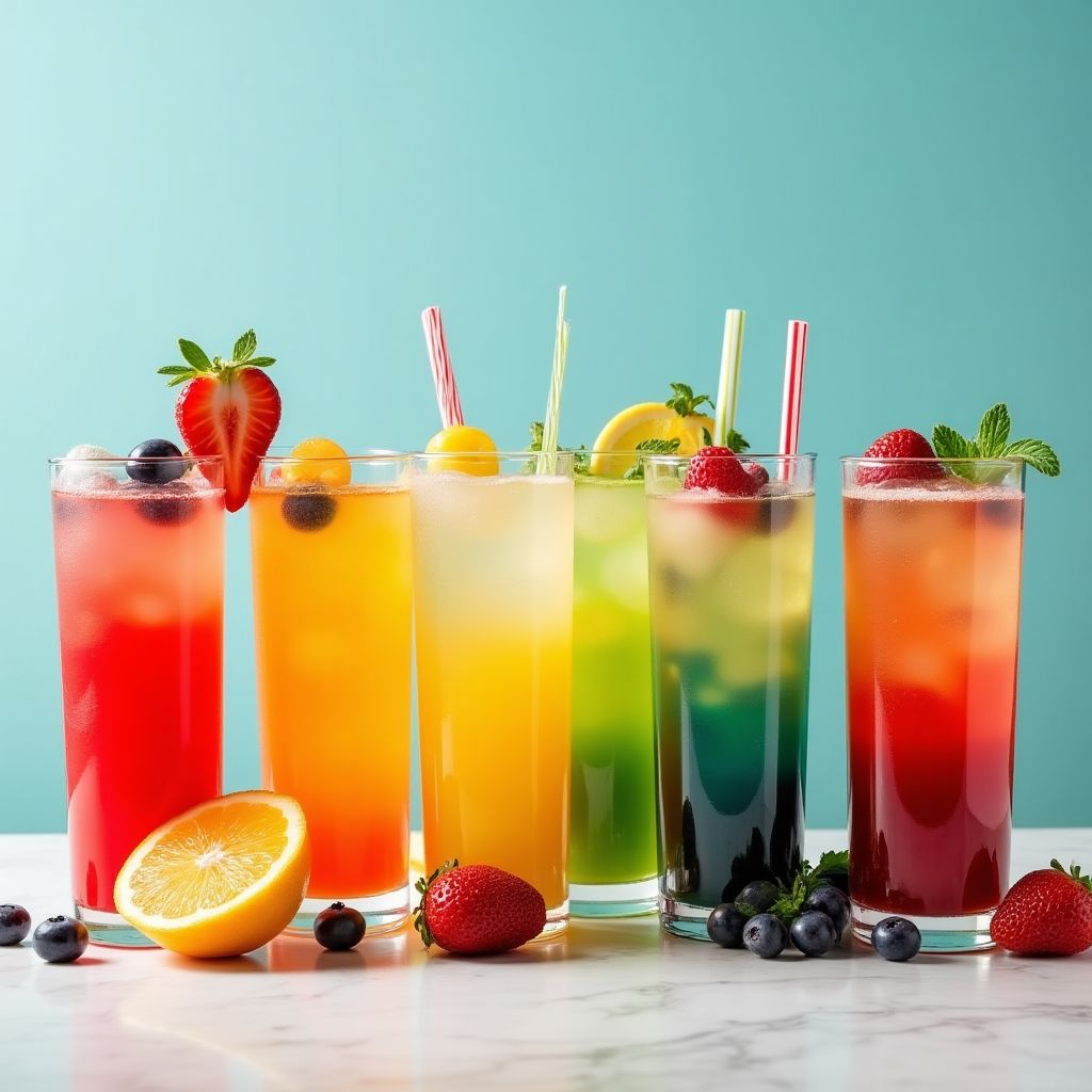 Colorful array of fruit-based cocktails and mocktails